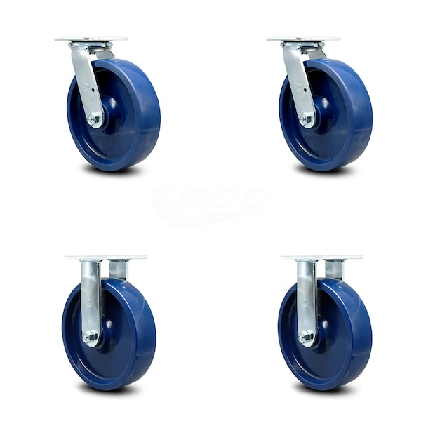8 Inch Solid Polyurethane Caster Set with Roller Bearings 2 Swivel 2 Rigid SCC